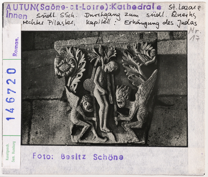 Vorschaubild Autun: Kathedrale Saint-Lazare, Kapitell südliches Seitenschiff, Durchgang zum südlichen Querhaus, rechter Pilaster, Erhängung des Judas 